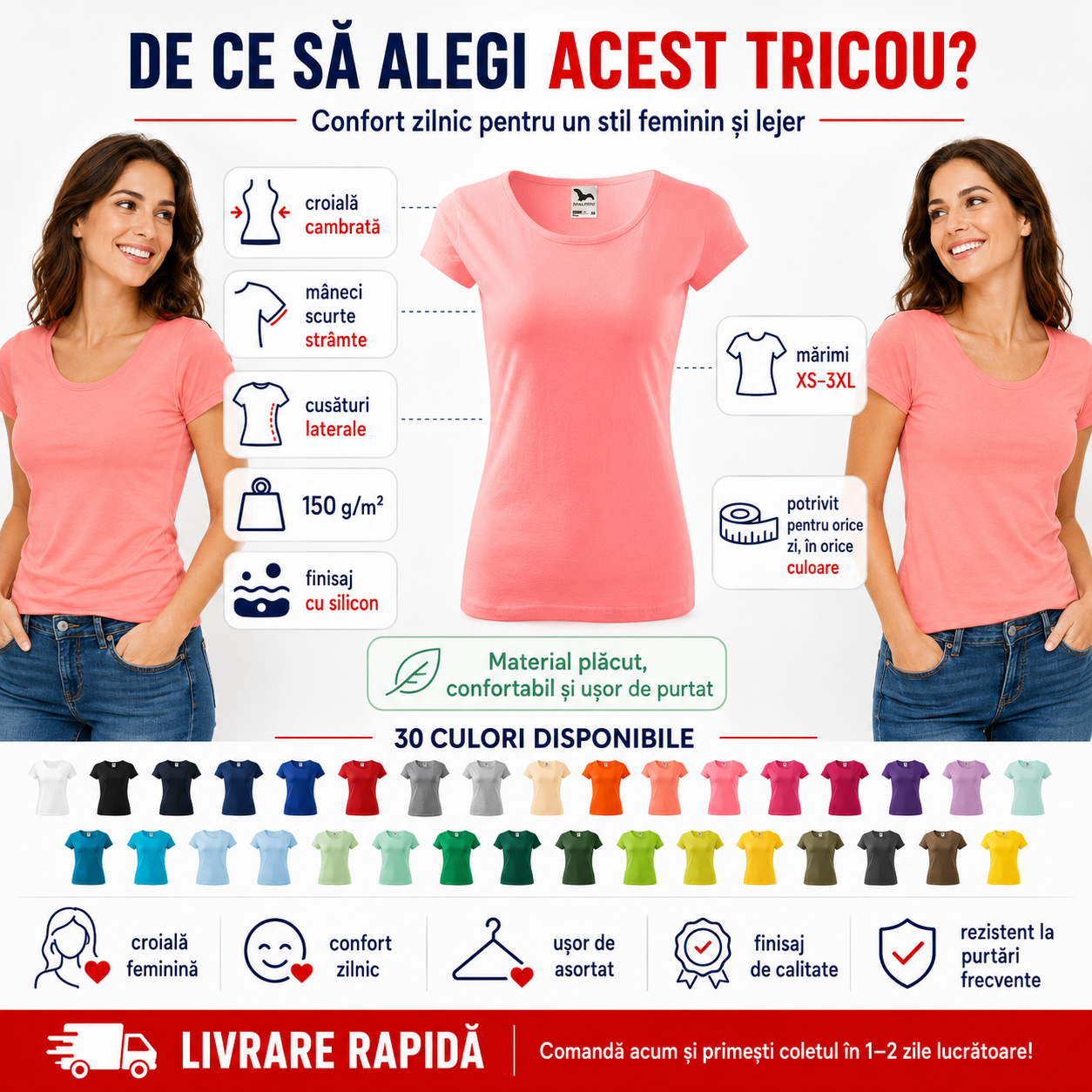 Tricou damă simplu cu guler rotund, croială cambrată, 95% bumbac și 30 culori disponibile